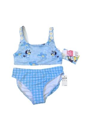 Bluey Floral Plaid Girls' Size L (10/12) Light Blue UPF 50+ Swimsuit Set New